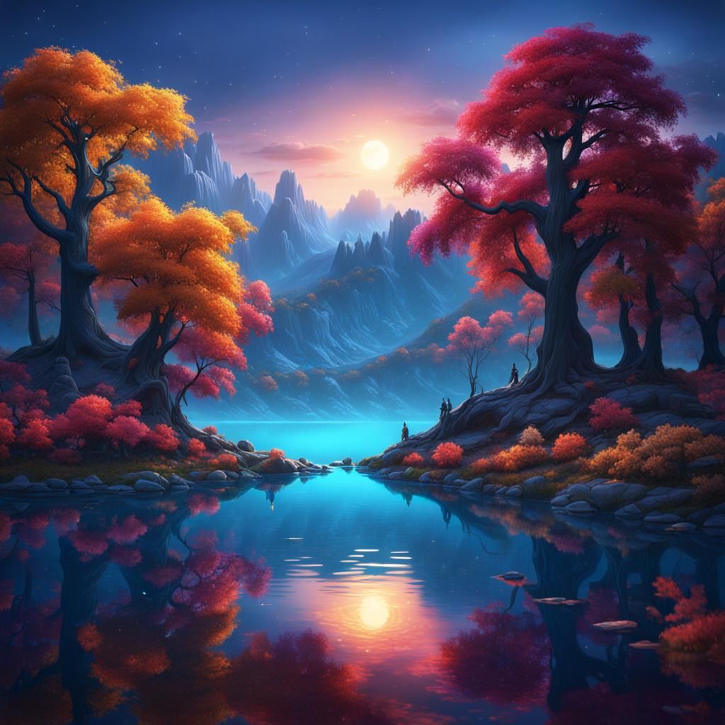 Blue Lake Landscape at Nightfall: Detailed Matte Painting