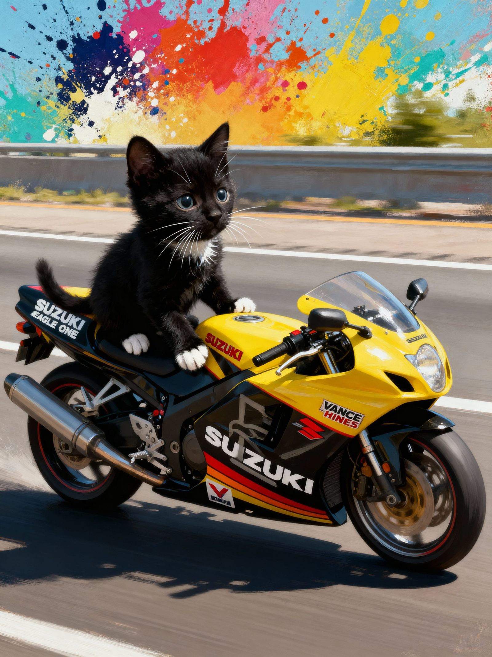 Black Kitten Rides Yellow Motorcycle on Highway