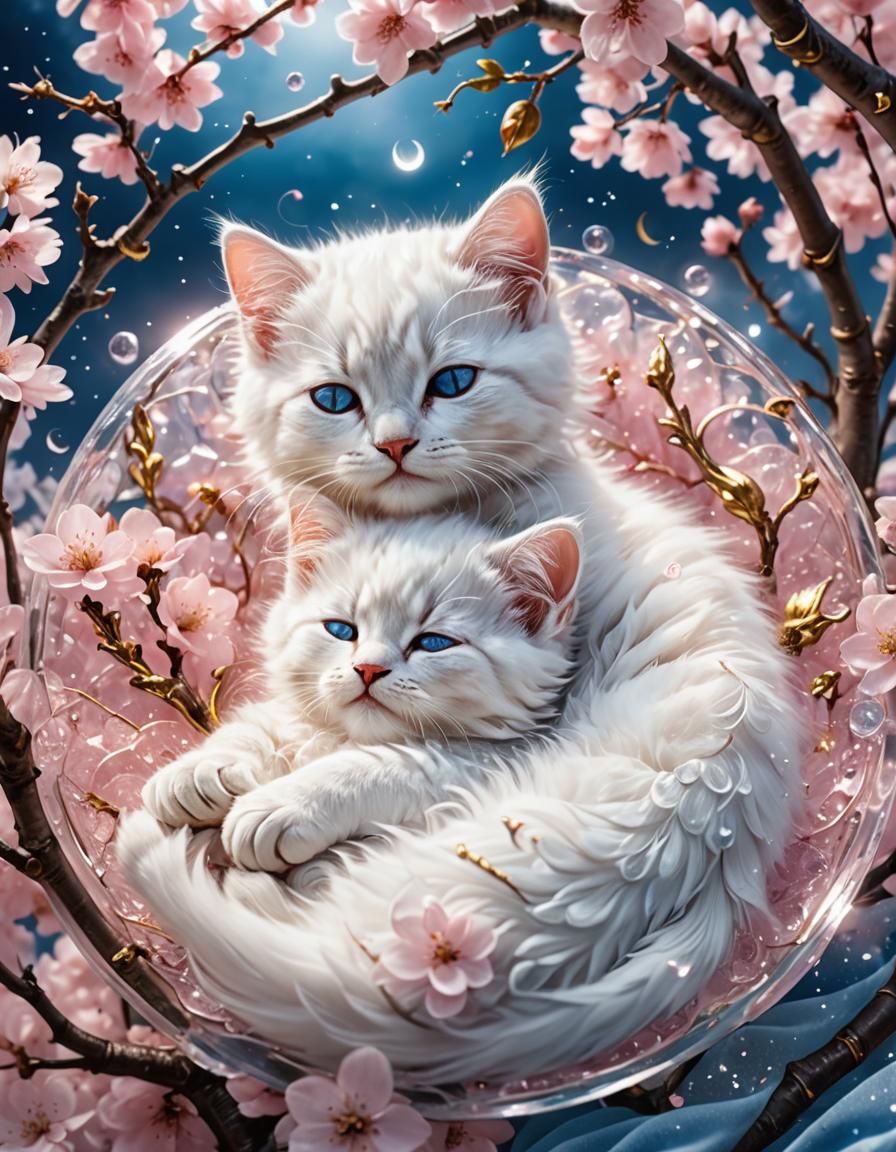 kitten sleeping in a pink cherry blossom bed