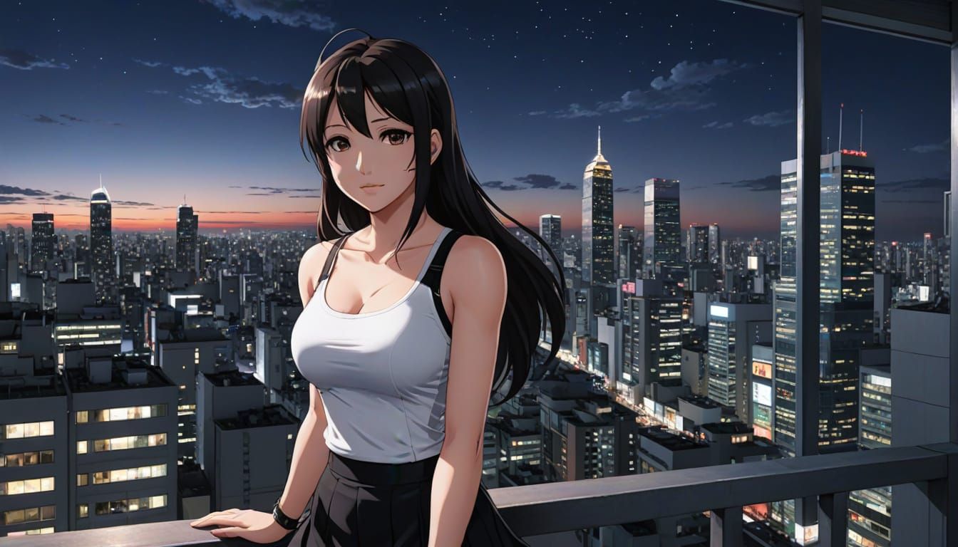 Anime Girl Watches City View with Sweet Smile