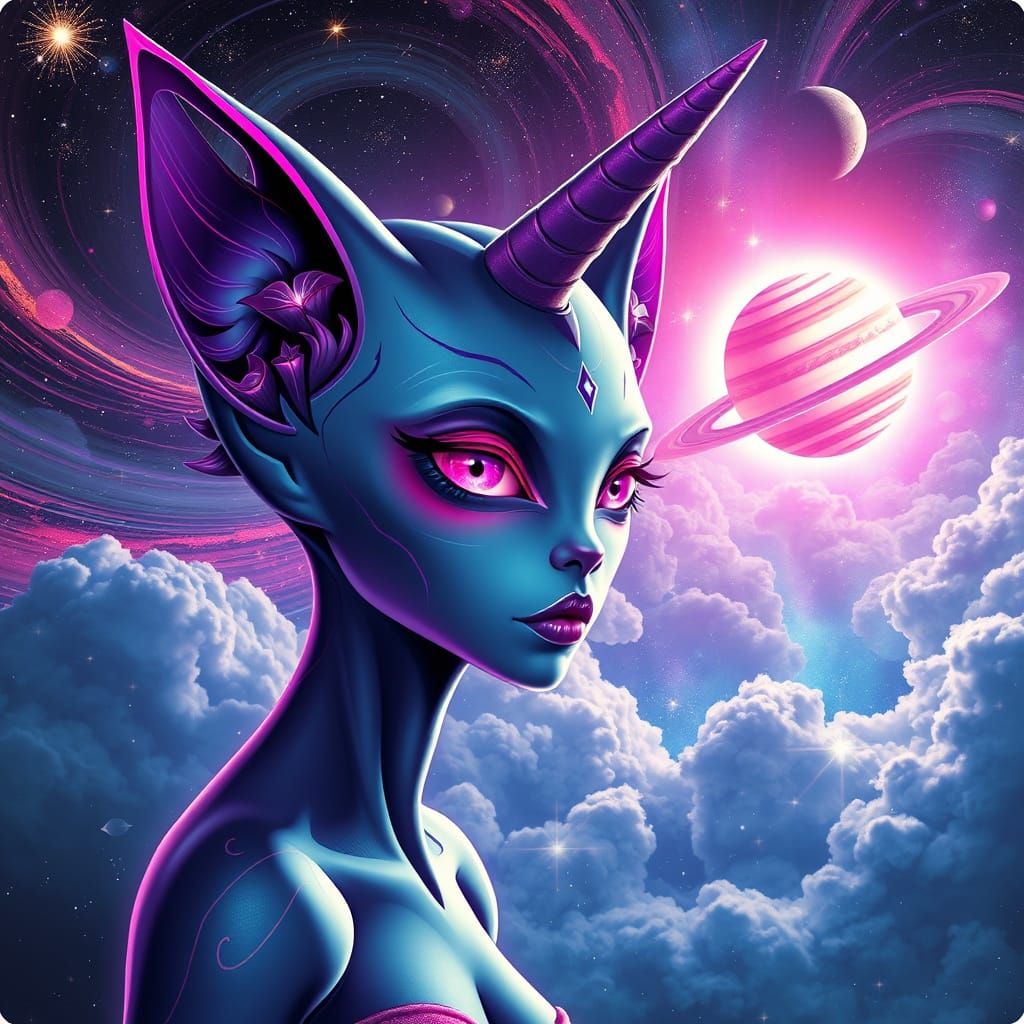 Surreal Cosmic Alieness with Unicorn Horn in Vibrant Galaxy