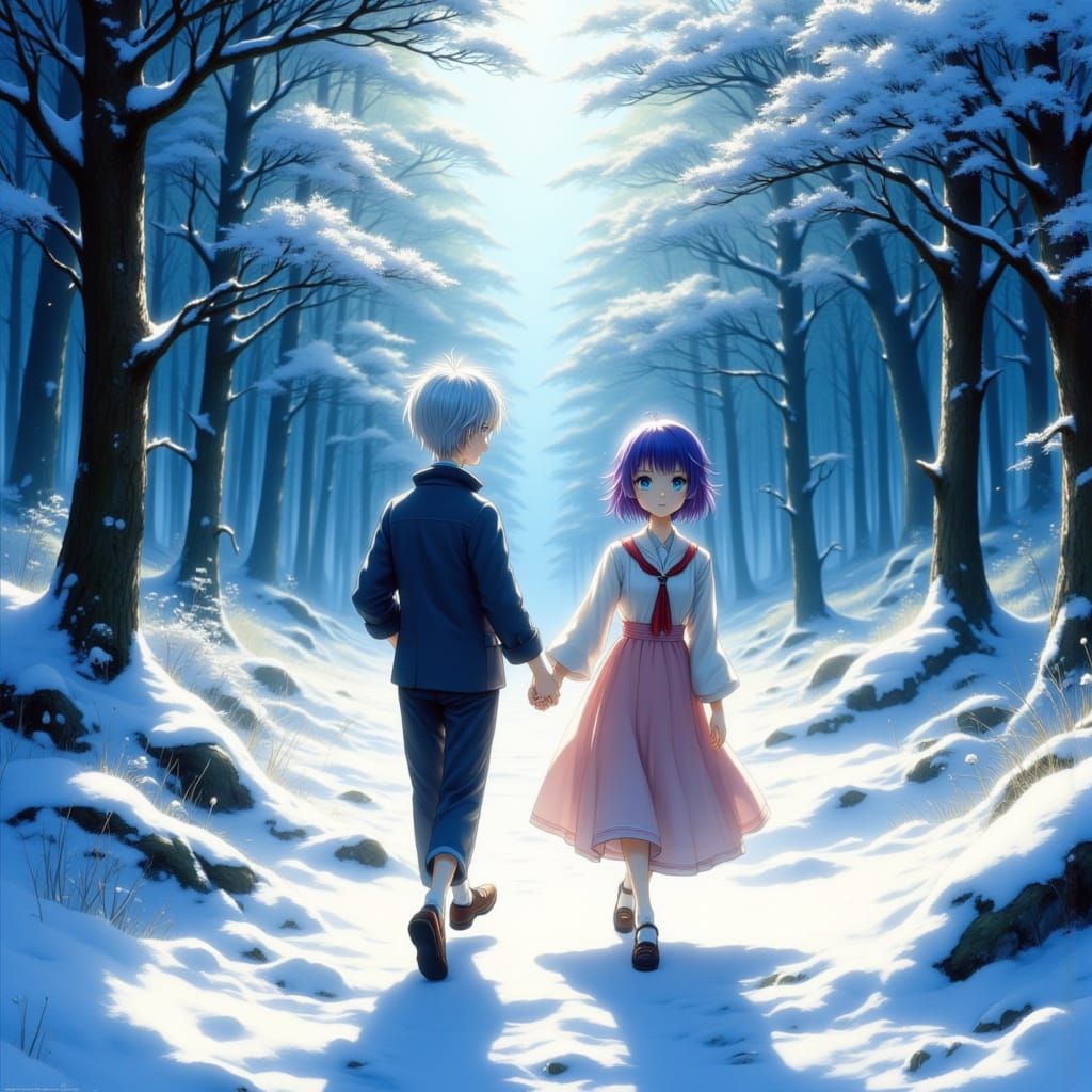 Couple Walks Hand-in-Hand Through Snowy Forest in Anime Styl...