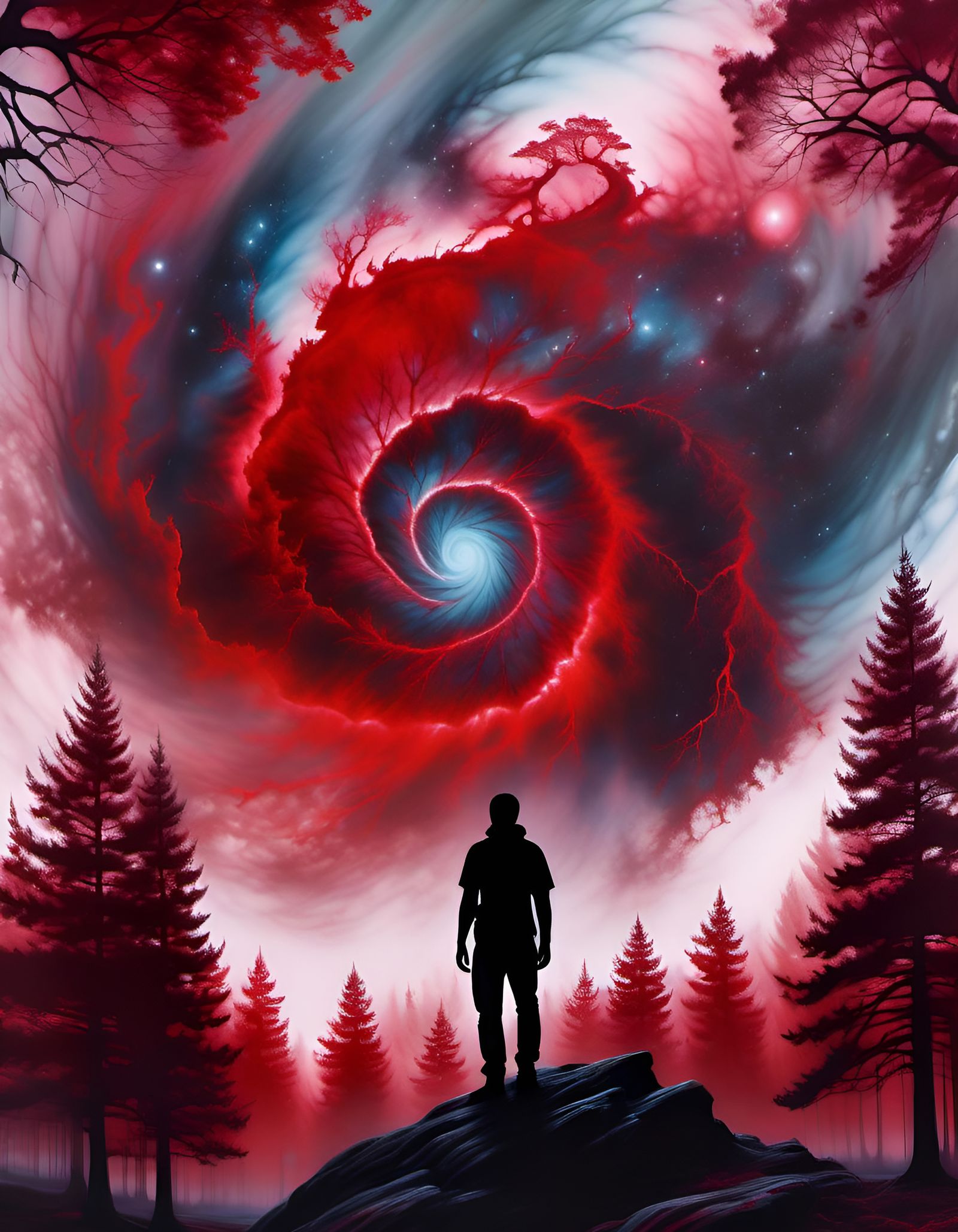 Tie Dye Nebula with Red Silhouette, Digital Art