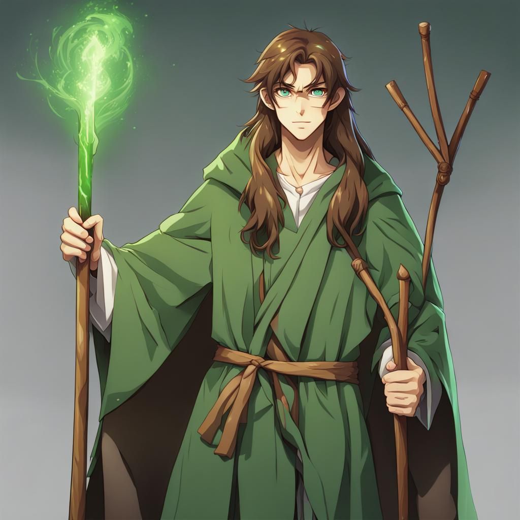 Anime Wizard with Wooden Staff