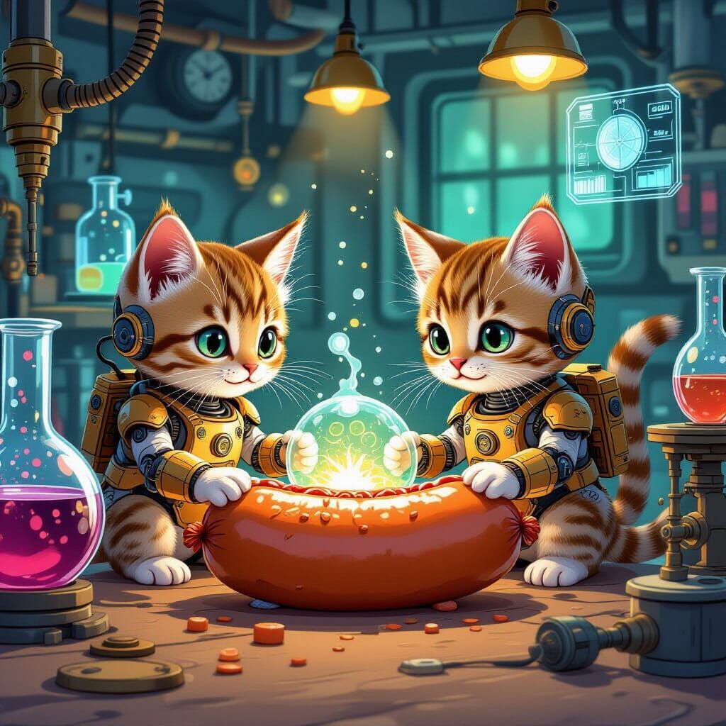 Steampunk Robotic Kittens Analyze Sausage in Lab