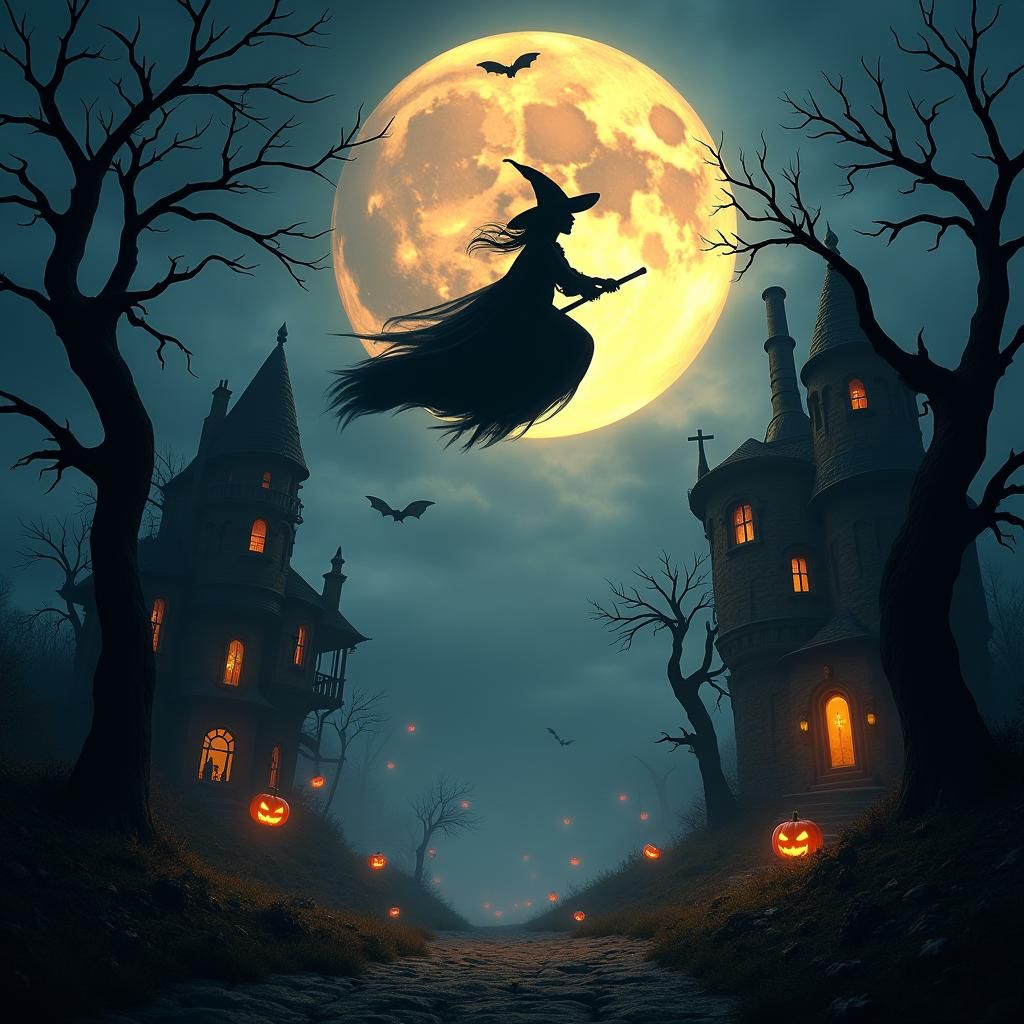 Mystical Witch Soaring on Halloween Night