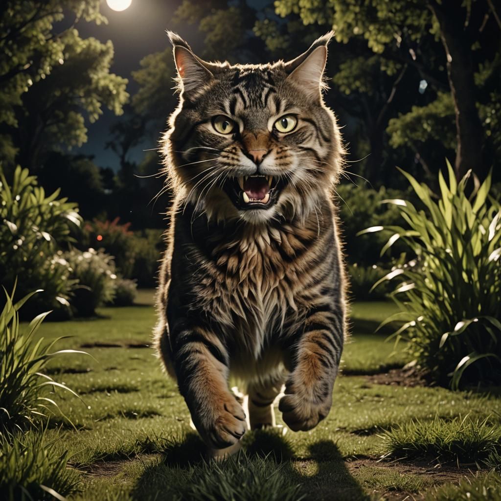 Muscular Tabby Cat Running Through Moonlit Garden