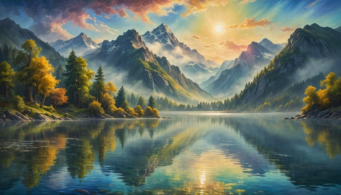 Lake and Mountain Scene in Impressionist Style