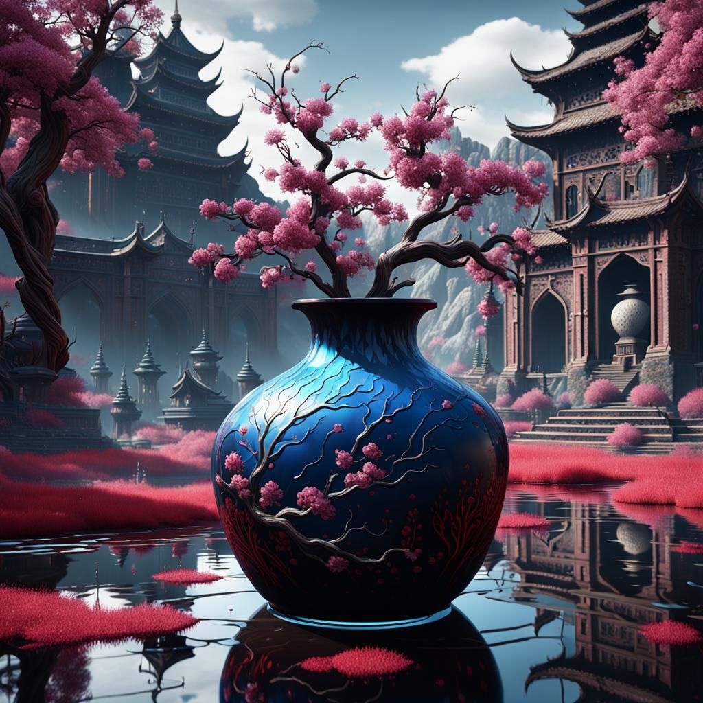 Black Cherry Blossoms Reflecting in Heartbreak Vase