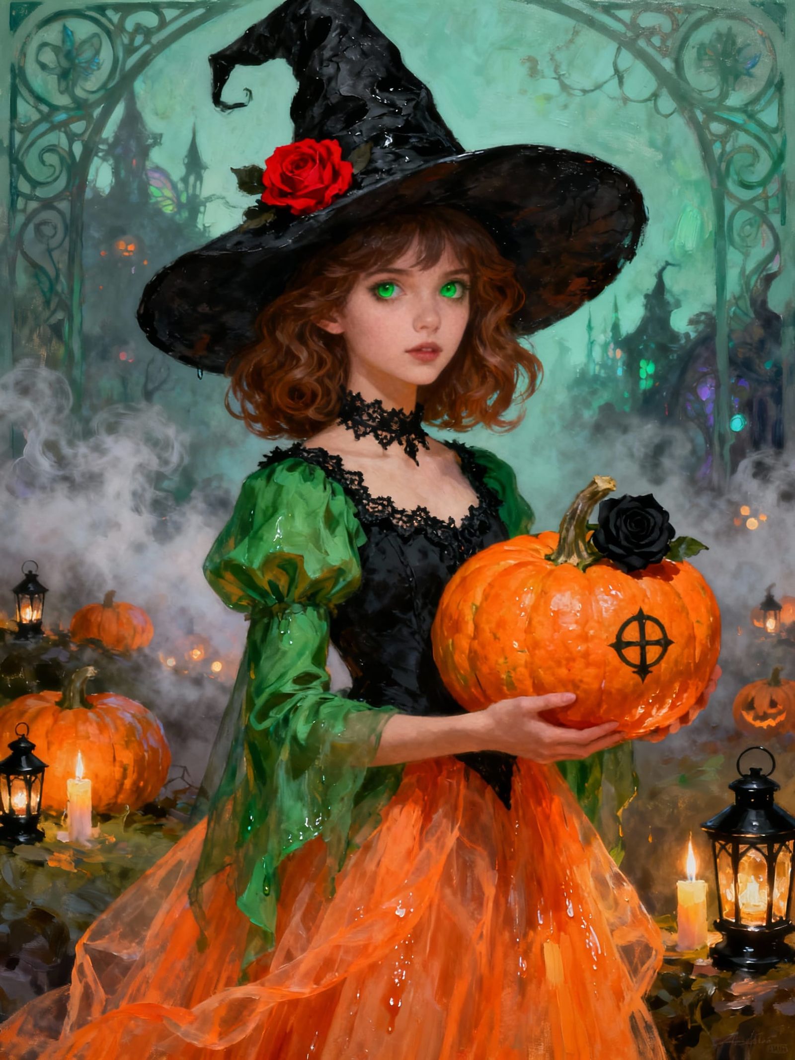 Elegant Gothic Witch Portrait in Expressive Acrylic and Oil