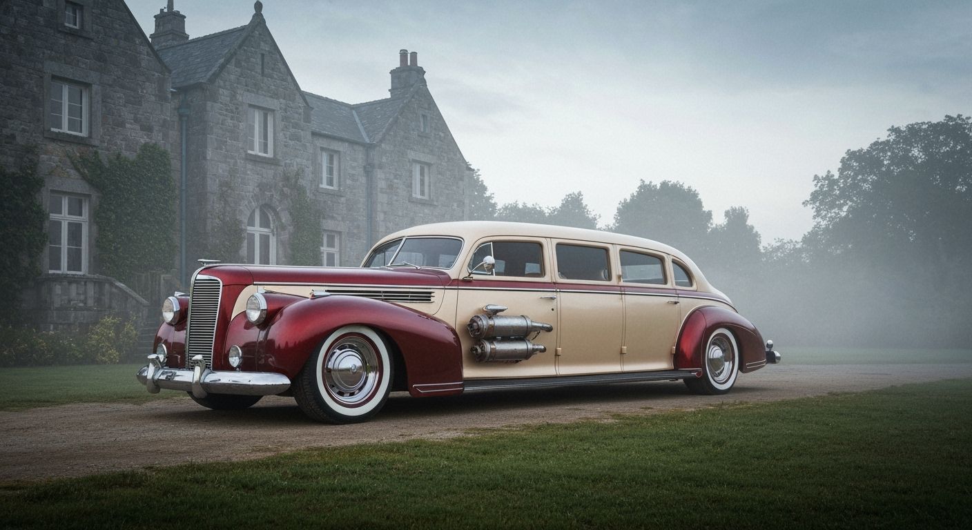 Steampunk 1940s Limousine in Foggy Morning