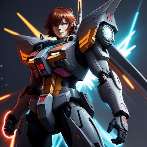 Anime Woman in Gundam Suit on Metal Platform
