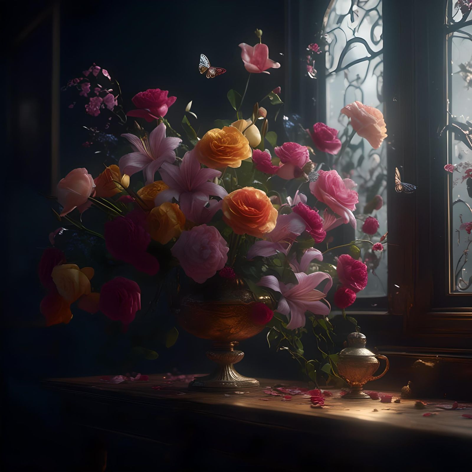 Detailed Pencil Drawing of Lilies and Roses