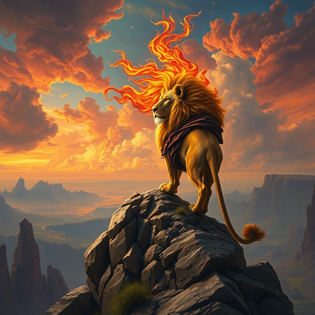Surreal Lion Amidst Blazing Skies