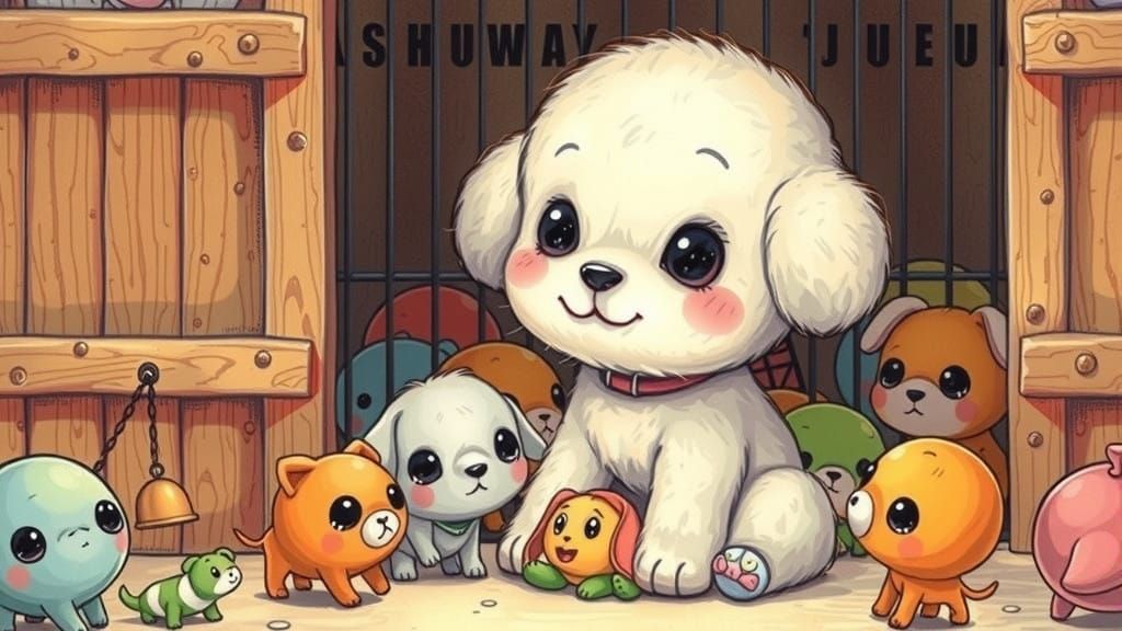 Whimsical Puppy in a Pet Shop Cage, in a Crayon-Drawn Aesthe...