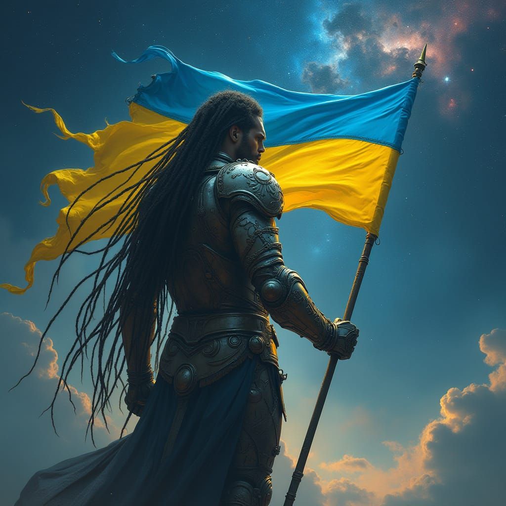 Galactic Hunter with Dreadlocks and Ukrainian Flag against S...
