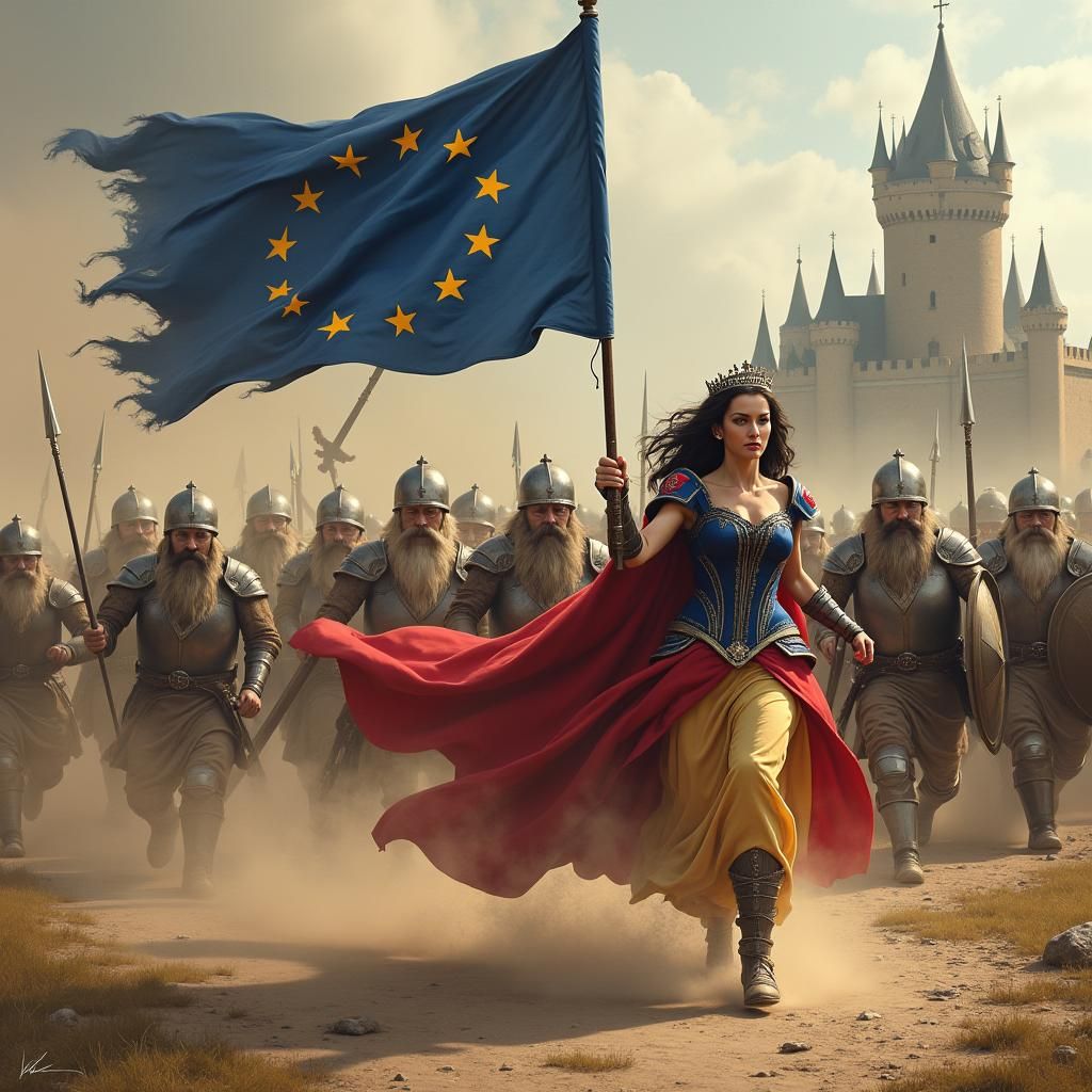 Snow White Leads Armored Dwarves into Battle
