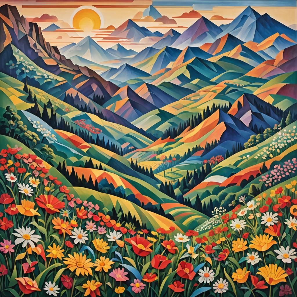 Paper Cut Mountains with Sunrise in Cubist Style