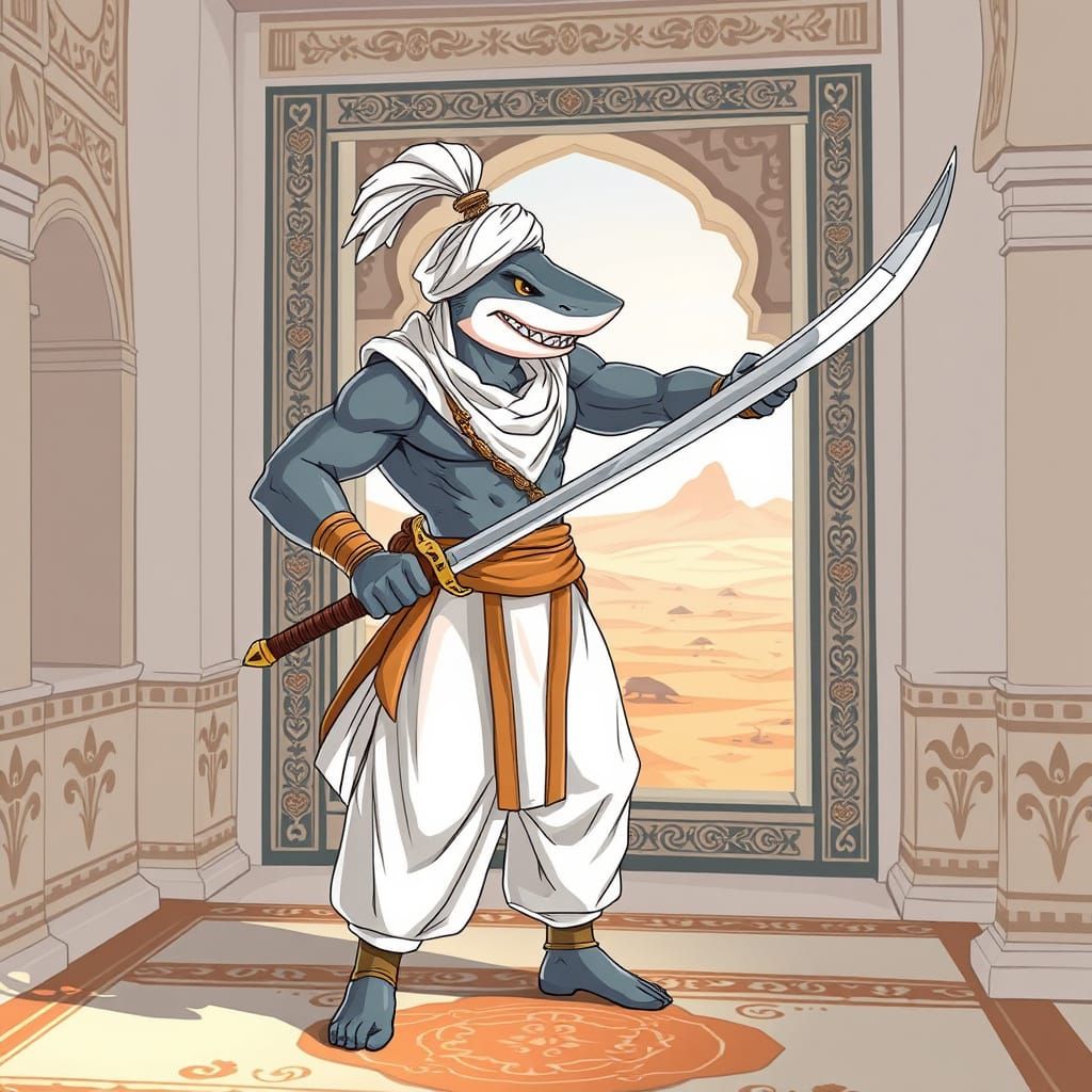 Oriental Shark Warrior Cartoon with Saber