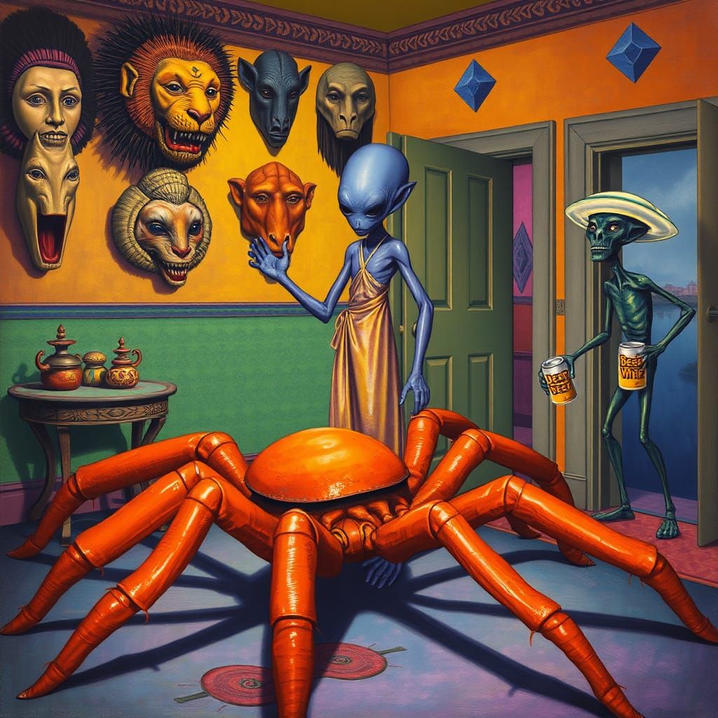 Alien Victorious Over Spider in Surreal Dreamscape