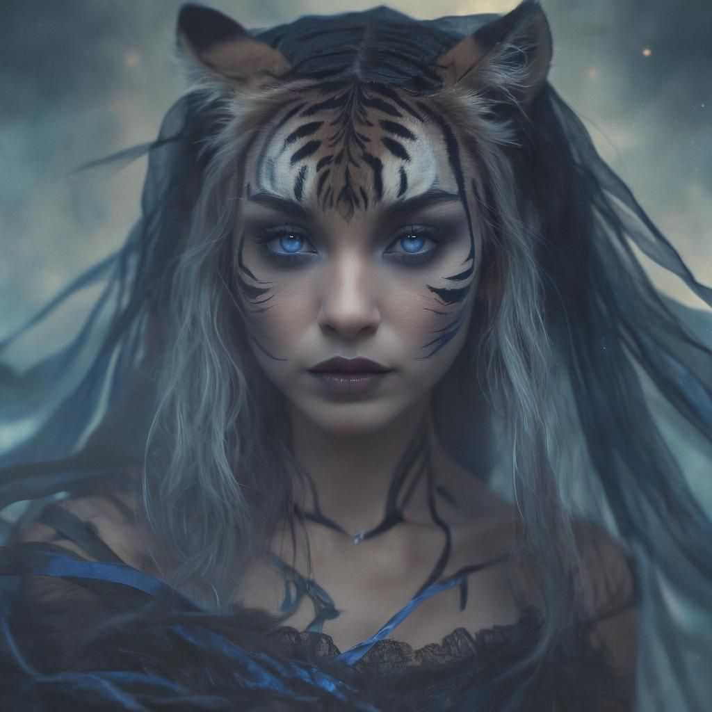 Mystical Woman Riding a Tiger in Gothic Fantasy Art
