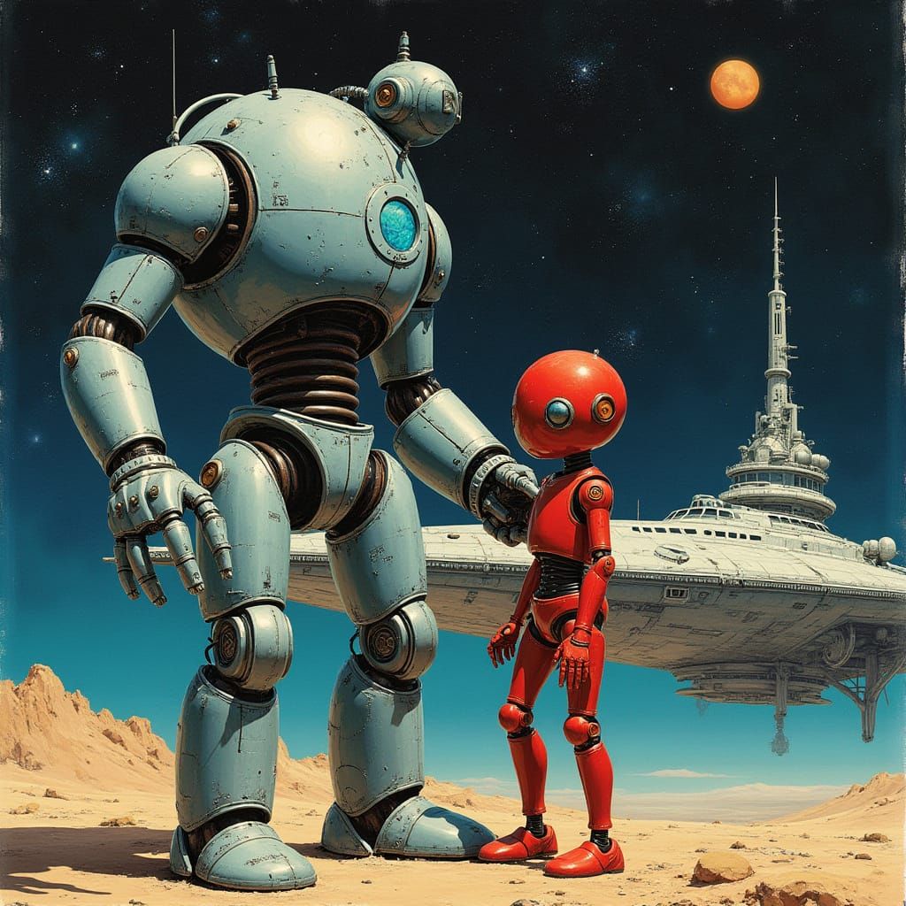 Robots Near Starship in Sci-Fi Pulp Style
