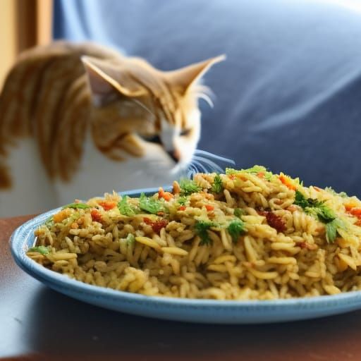 cat eating beef pilaf