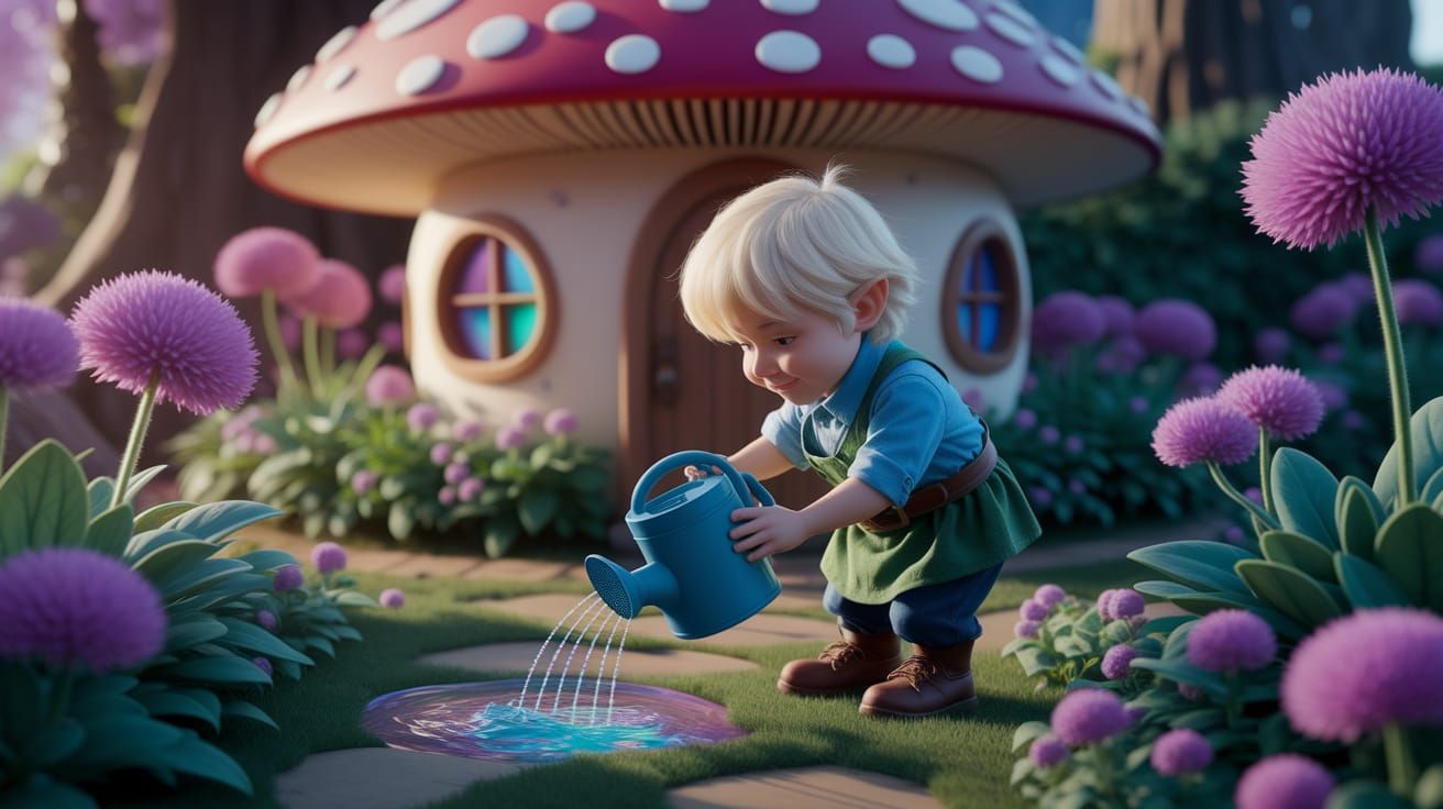Whimsical Gnome Tends Oversized Flowers in Iridescent Garden
