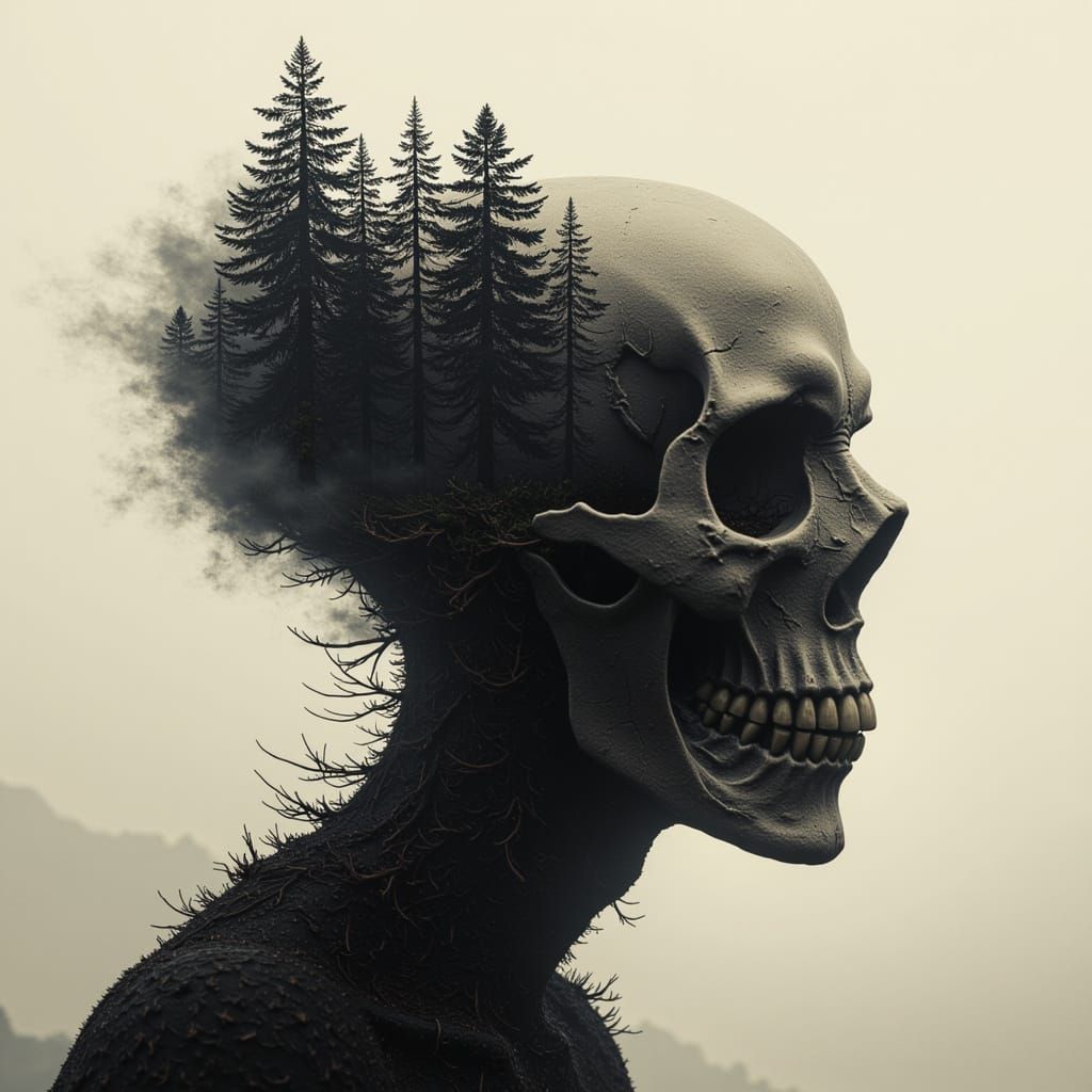 Skull with Forest Background in Digital Art Style