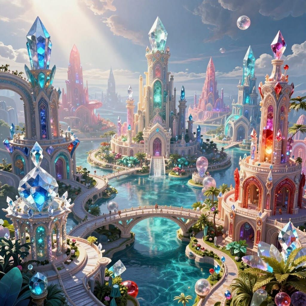 Surreal Gemstone Cityscape With Swirling Towers