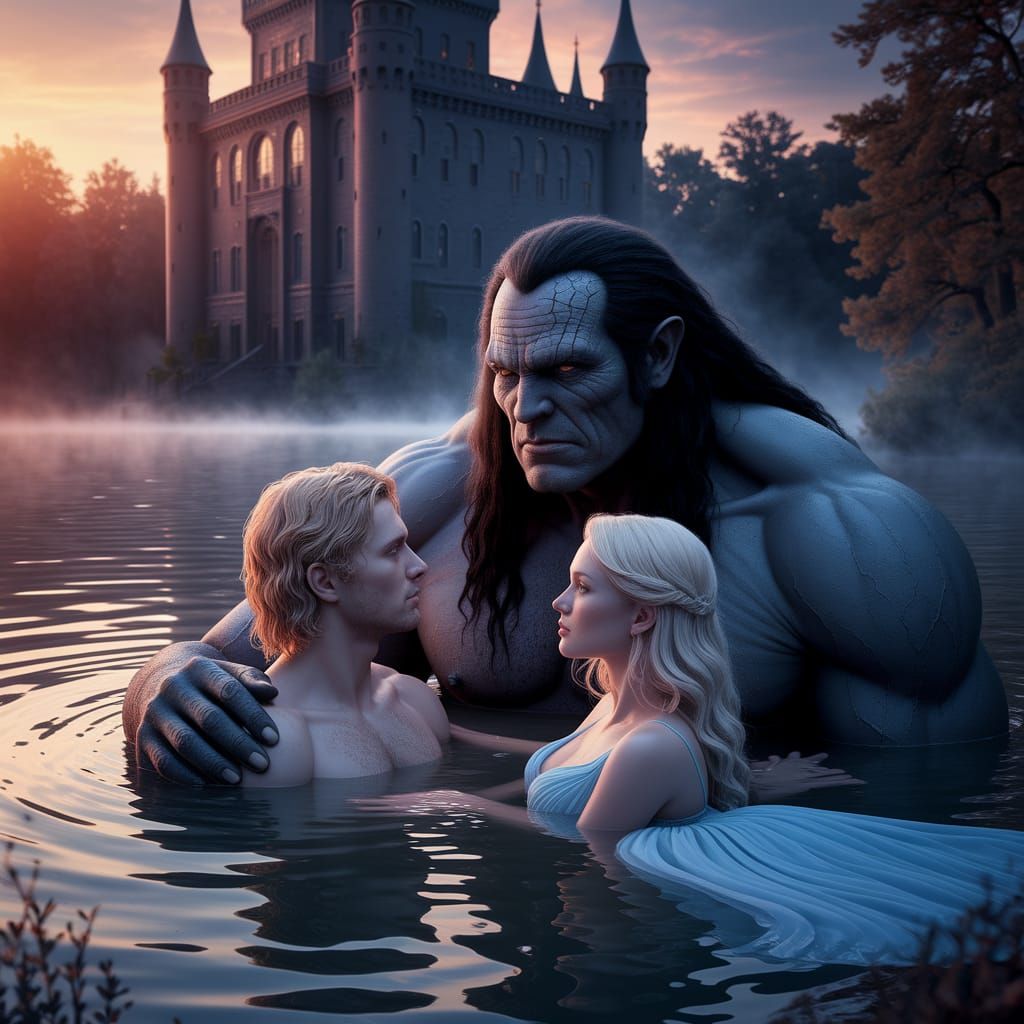 Dark Castle Lake Scene with Giant and Mysterious Figure