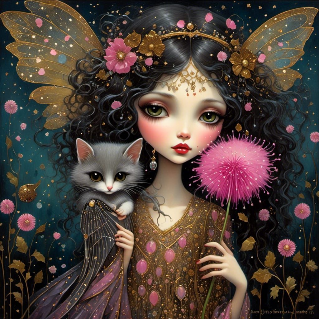 Dark Fairy with Dandelion in Whimsical Style
