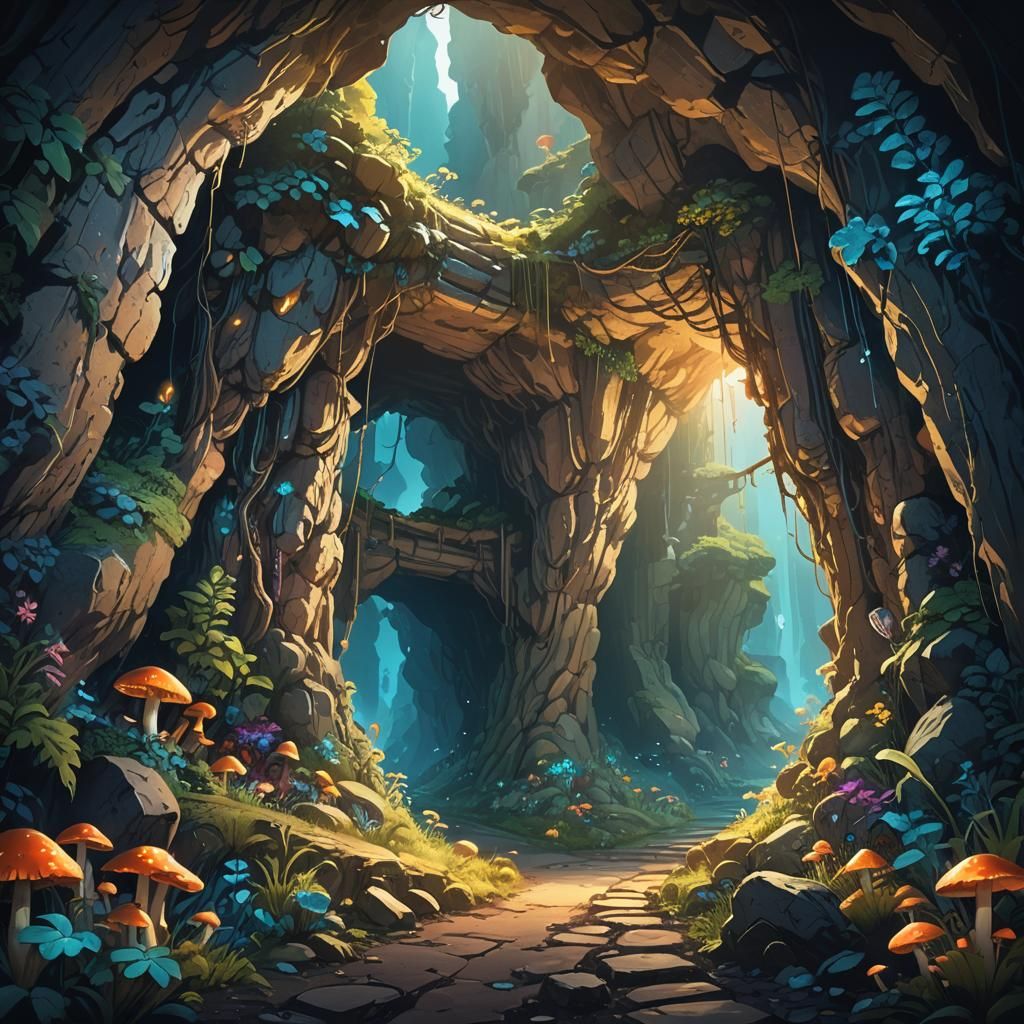 Mystical Glowing Cave Tunnel in Anime Style