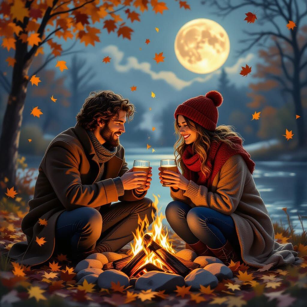 Cozy Autumn Bonfire in Pre-Raphaelite Style