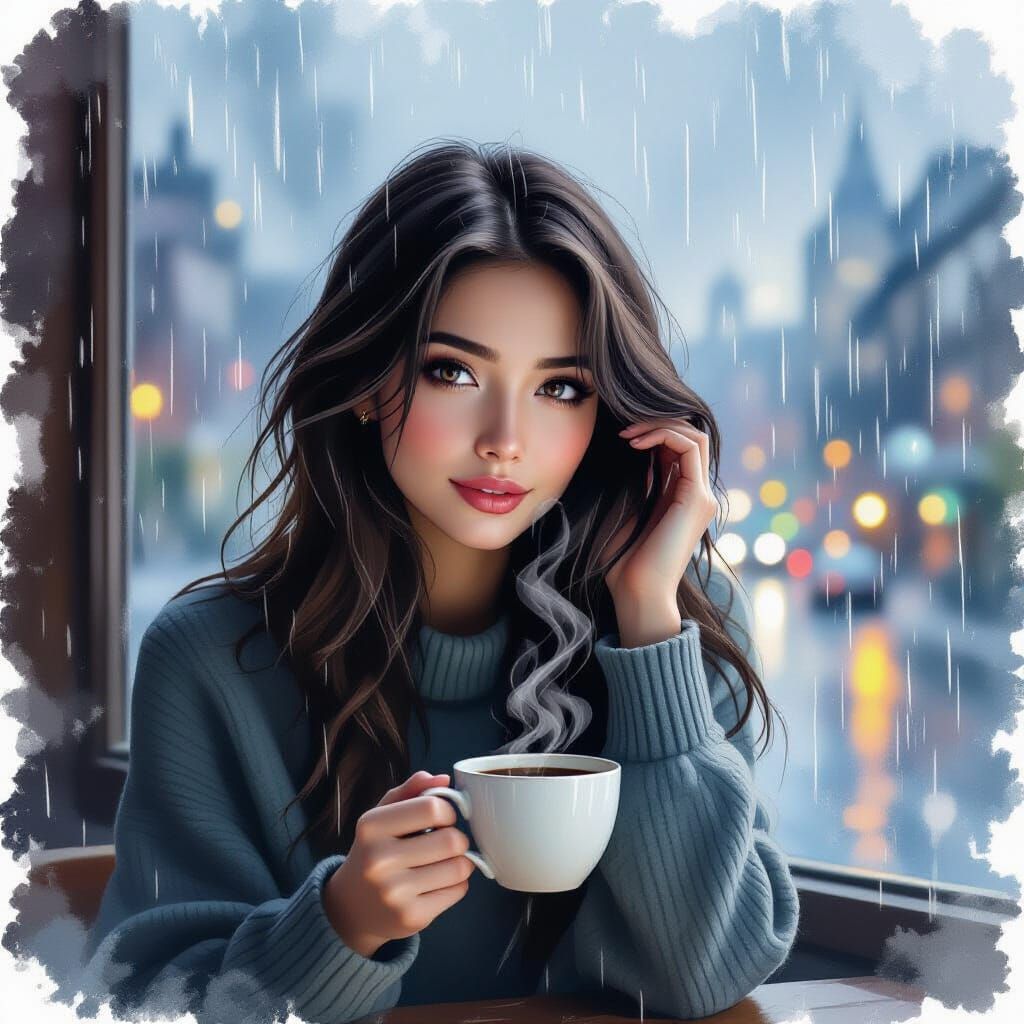 Melancholic Woman with Coffee in Rainy Window