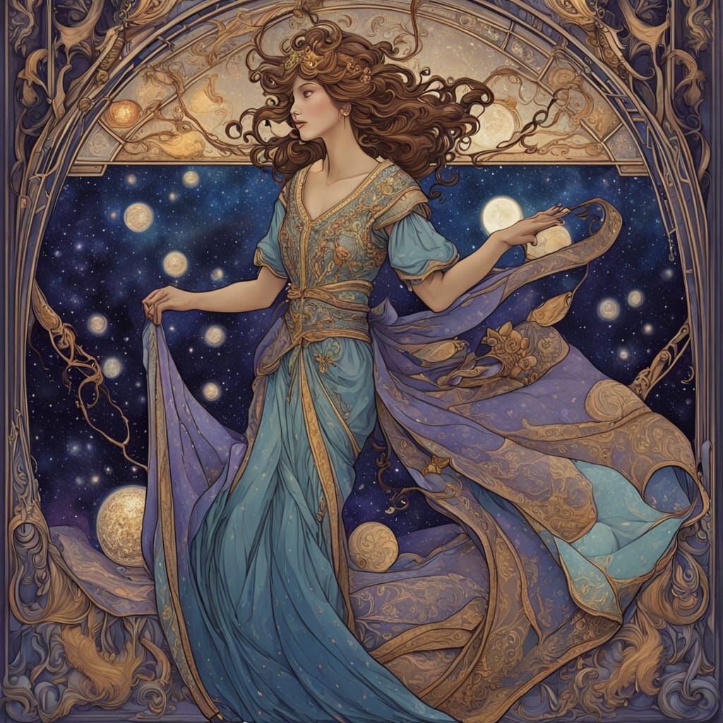 Celestial Seamstress Weaving Starlight Tapestries: Art Nouve...