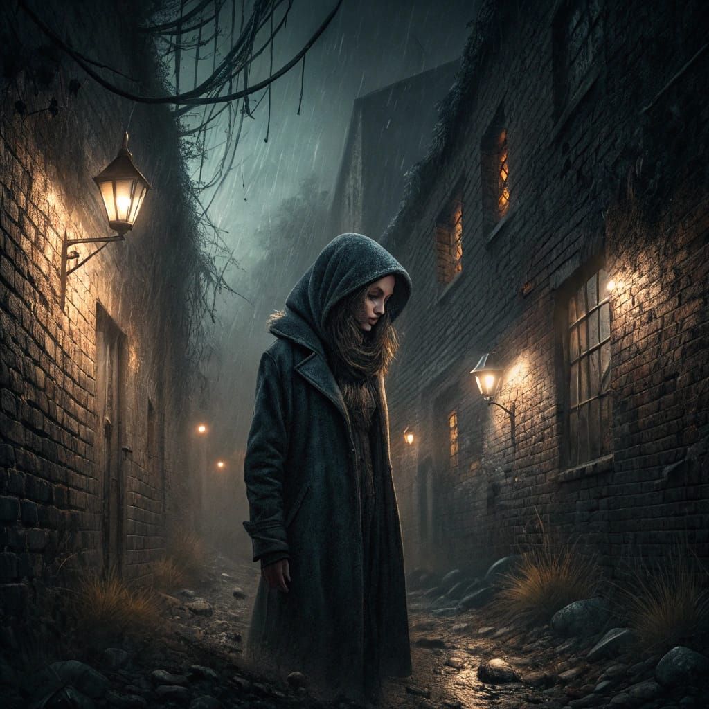 Mysterious Woman in a Haunting Abandoned Alleyway Scene