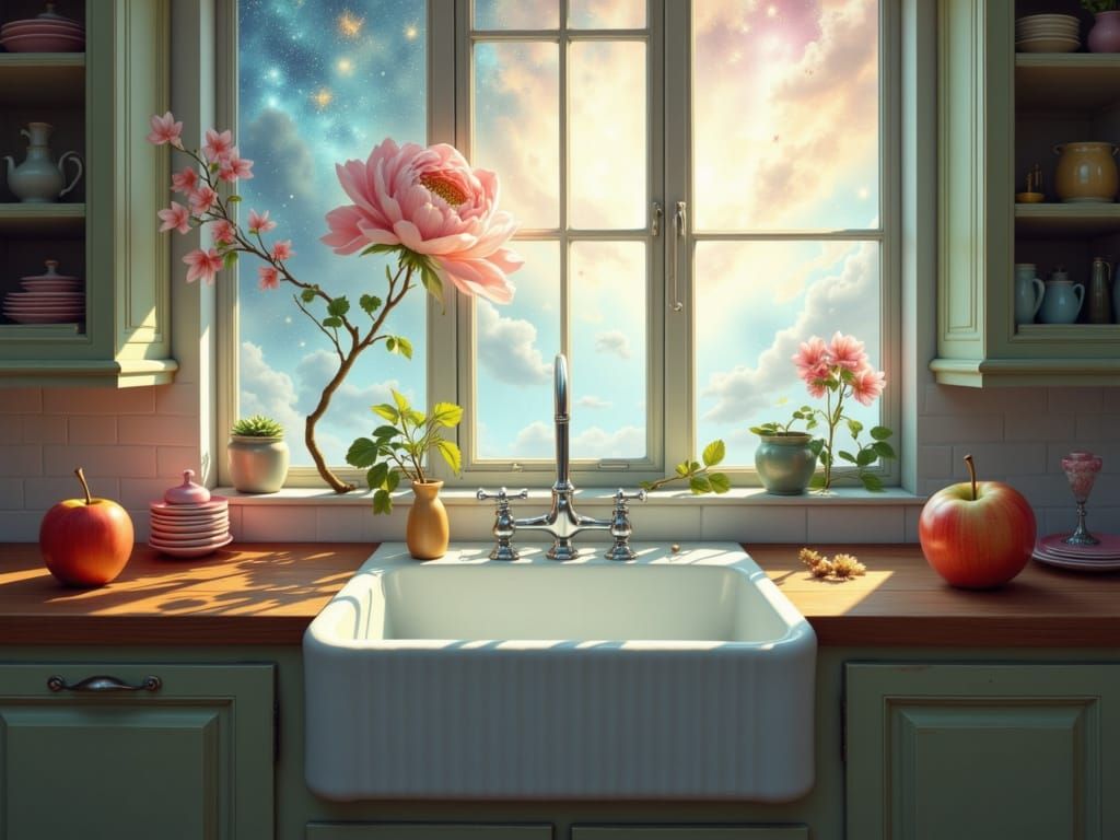 <lora:Gingham World:1.0> A gentle, dreamlike kitchen scene where the background subtly dissolves into a swirling pastel ...