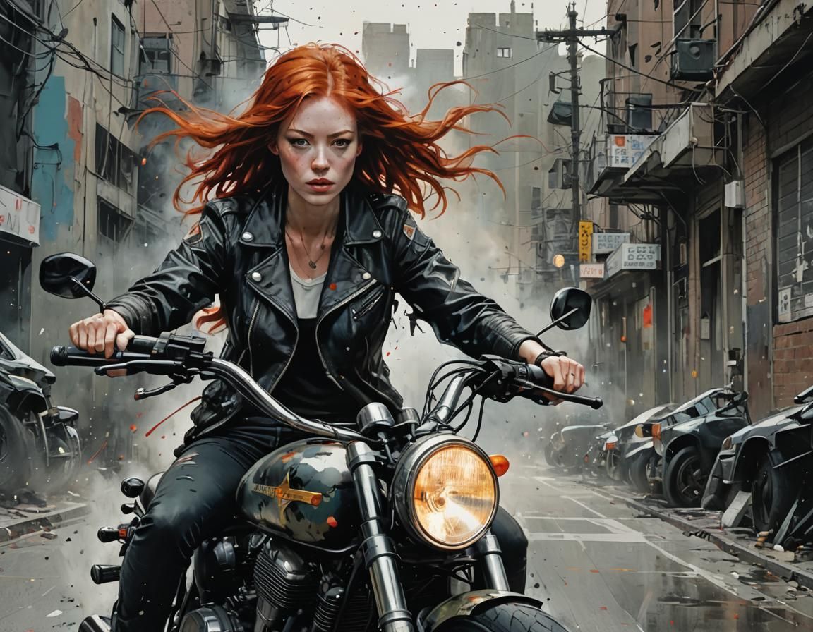 Redhead Biker Portrait in Sci-Fi Style