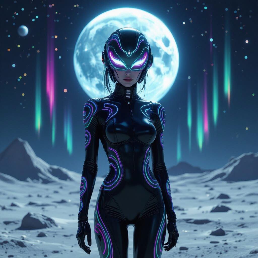 Alien Woman with Neon Auroras on the Moon