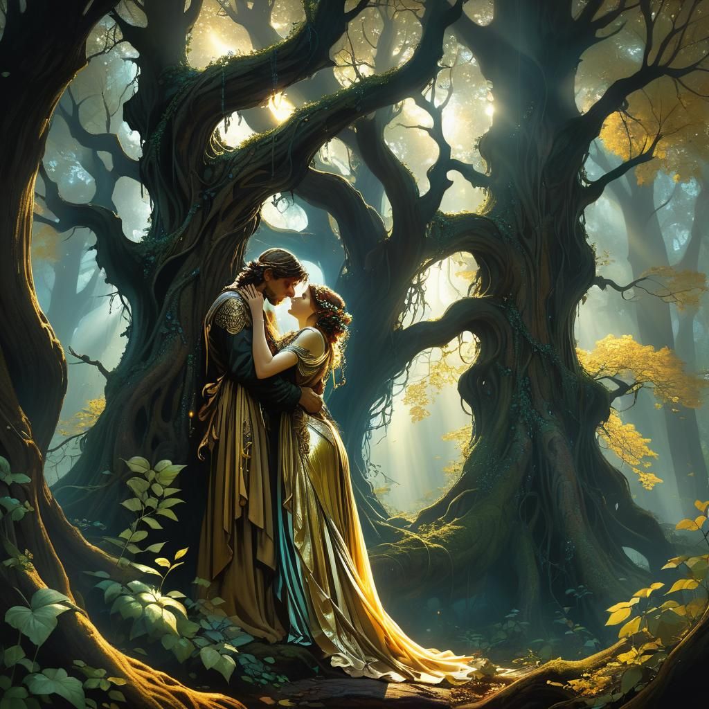 Mystical Forest: Trees Kissing Earth in Golden Light