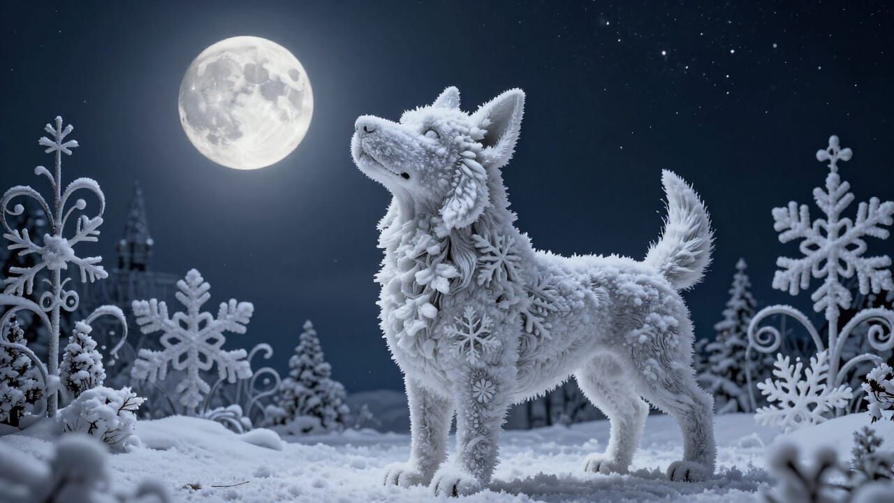 Snowflake Dog Sculpture Under Full Moon