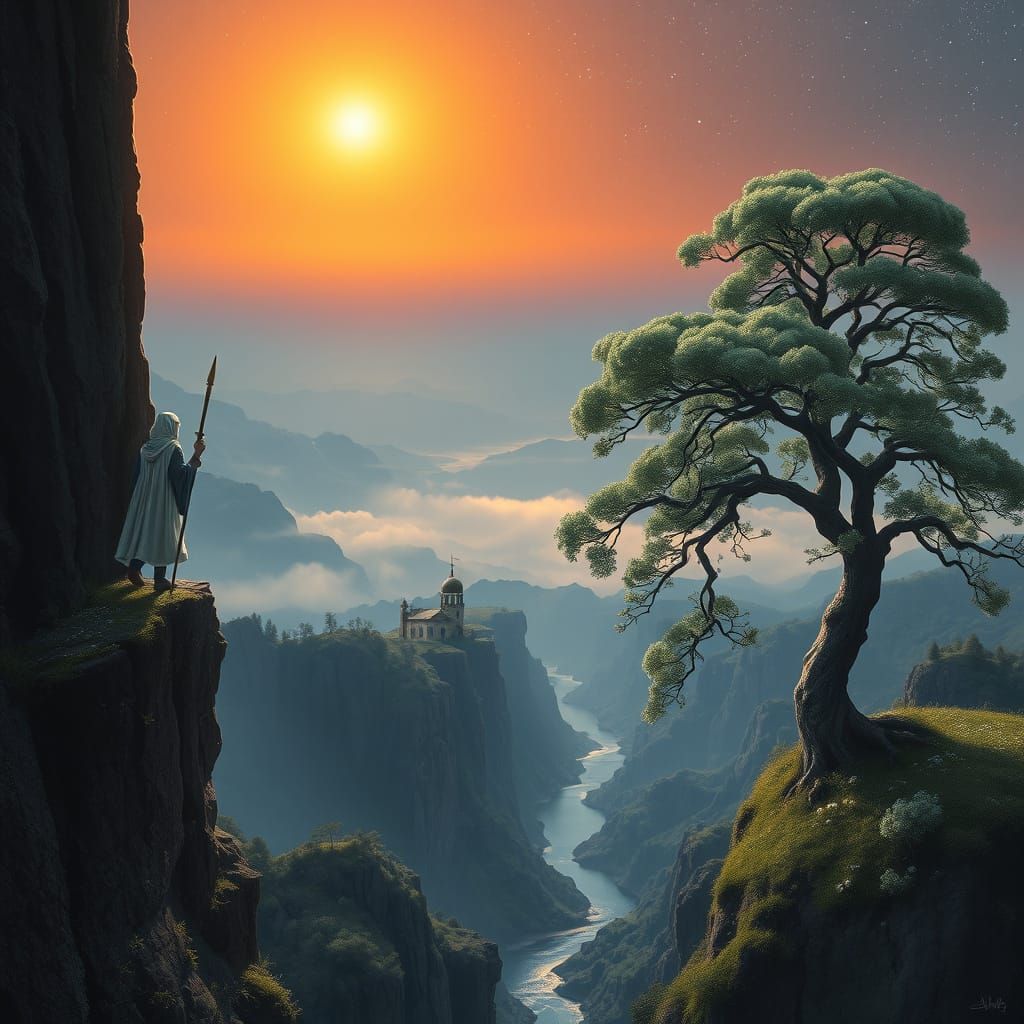 Surrealist Landscape with Traveler at the Edge of a Rocky Pr...