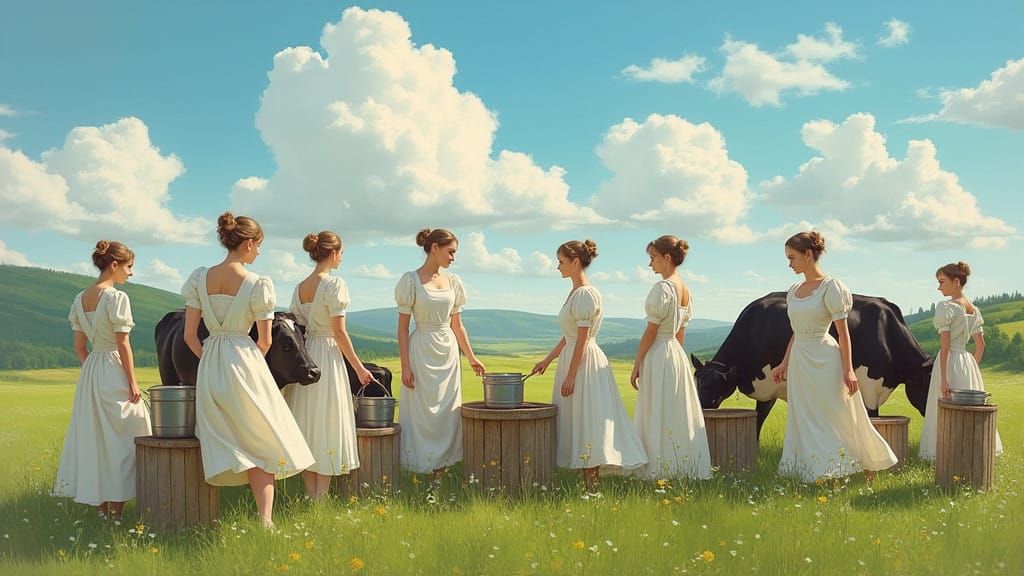 Idyllic Rural Scene with Buxom Maids Milking Cows in a Lush...