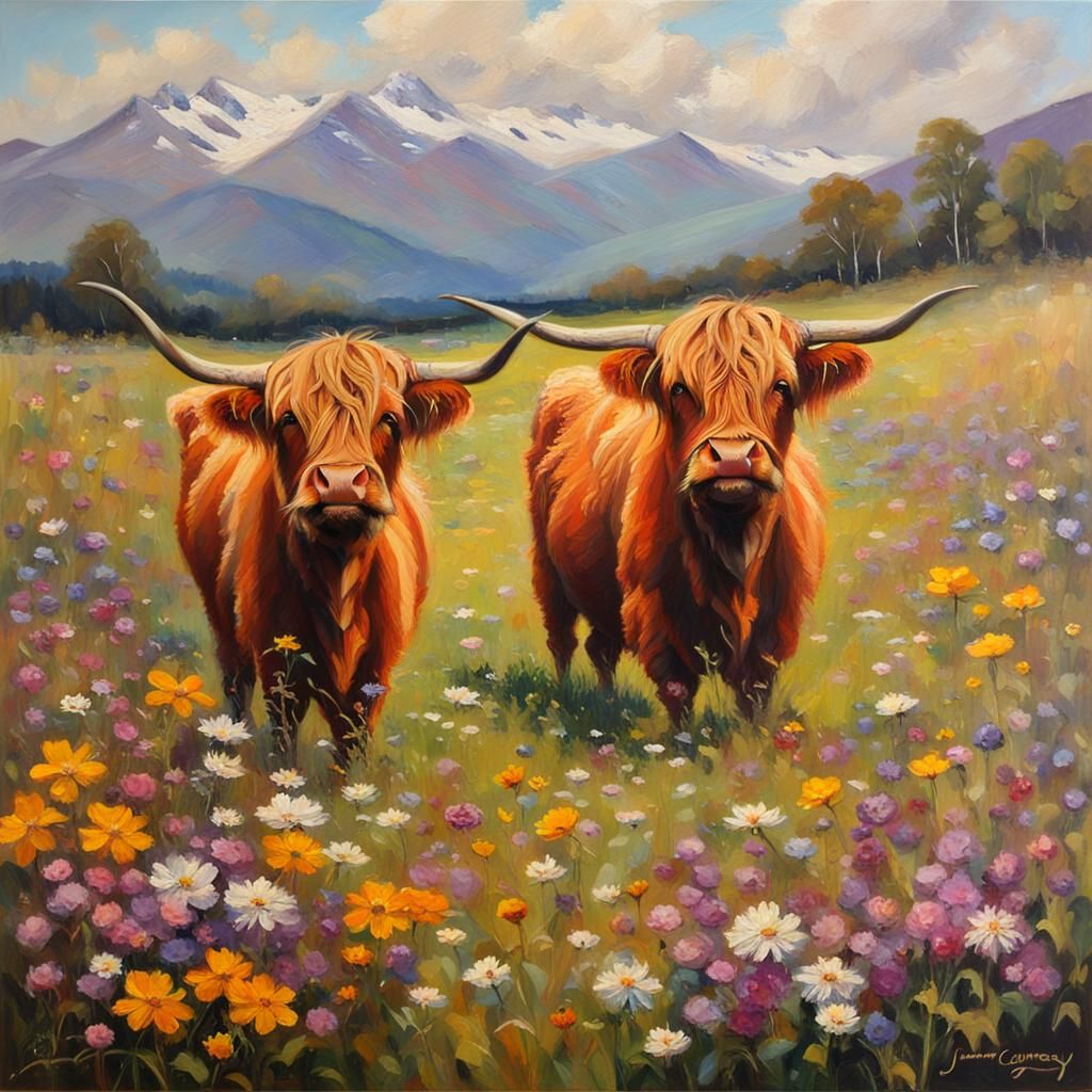 Highland Cows in Floral Field: An Oil Painting
