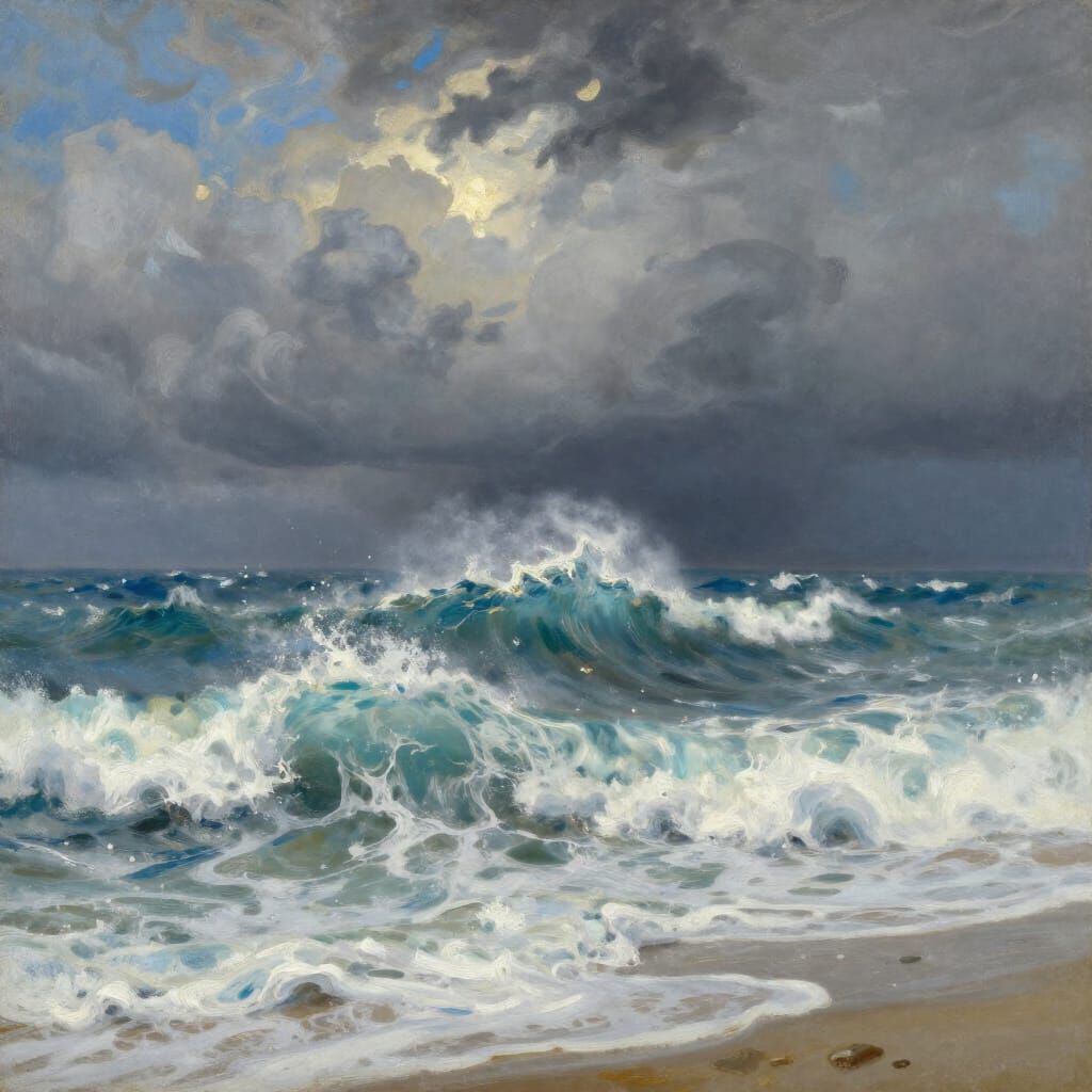 Dramatic Seascape with Crashing Waves and Stormy Sky