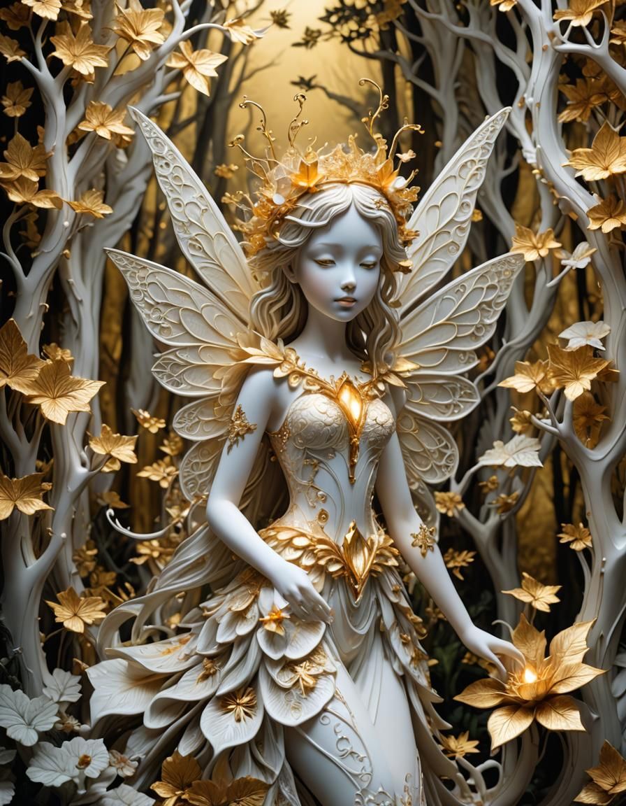 Porcelain Fairy in Porcelain Forest with Golden Aura