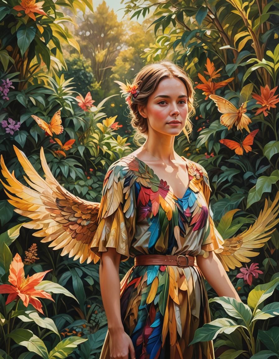 Woman with Painted Wings in Lush Garden