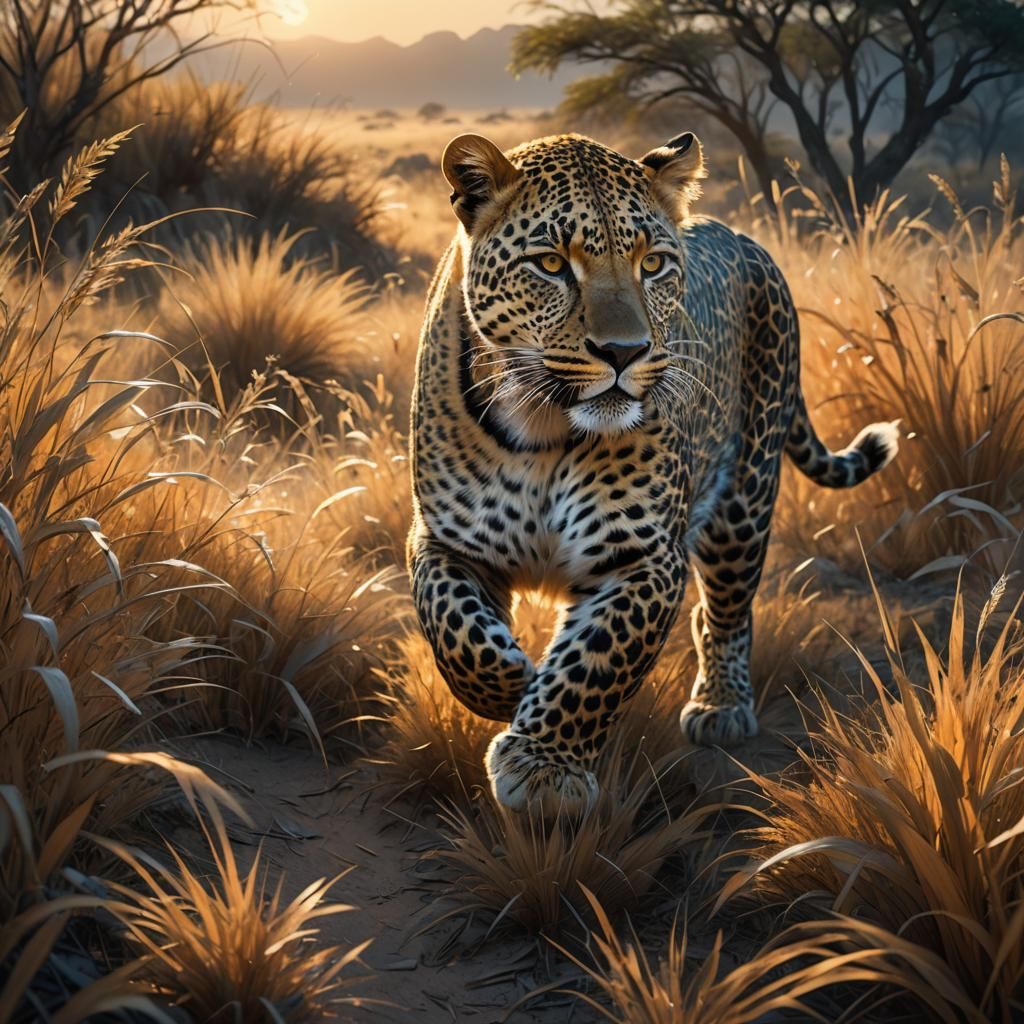 Golden Leopard Running Through African Savannah