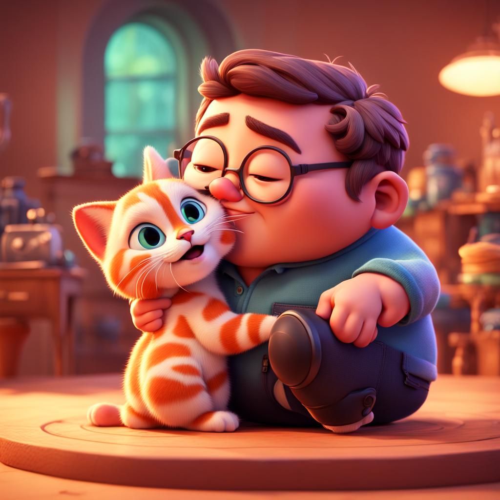 Chubby Man's Affection: Calico Kitten Kiss in 3D